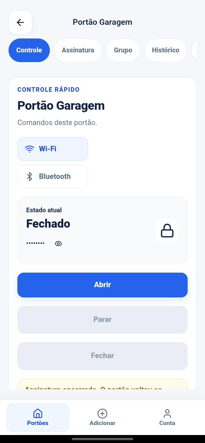 Tela do aplicativo mostrando o controle do portão