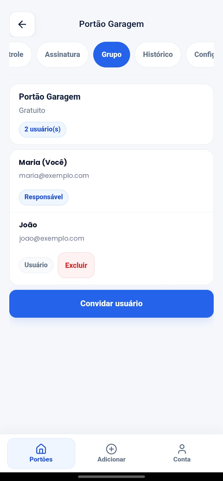 Tela do aplicativo mostrando o grupo de usuários